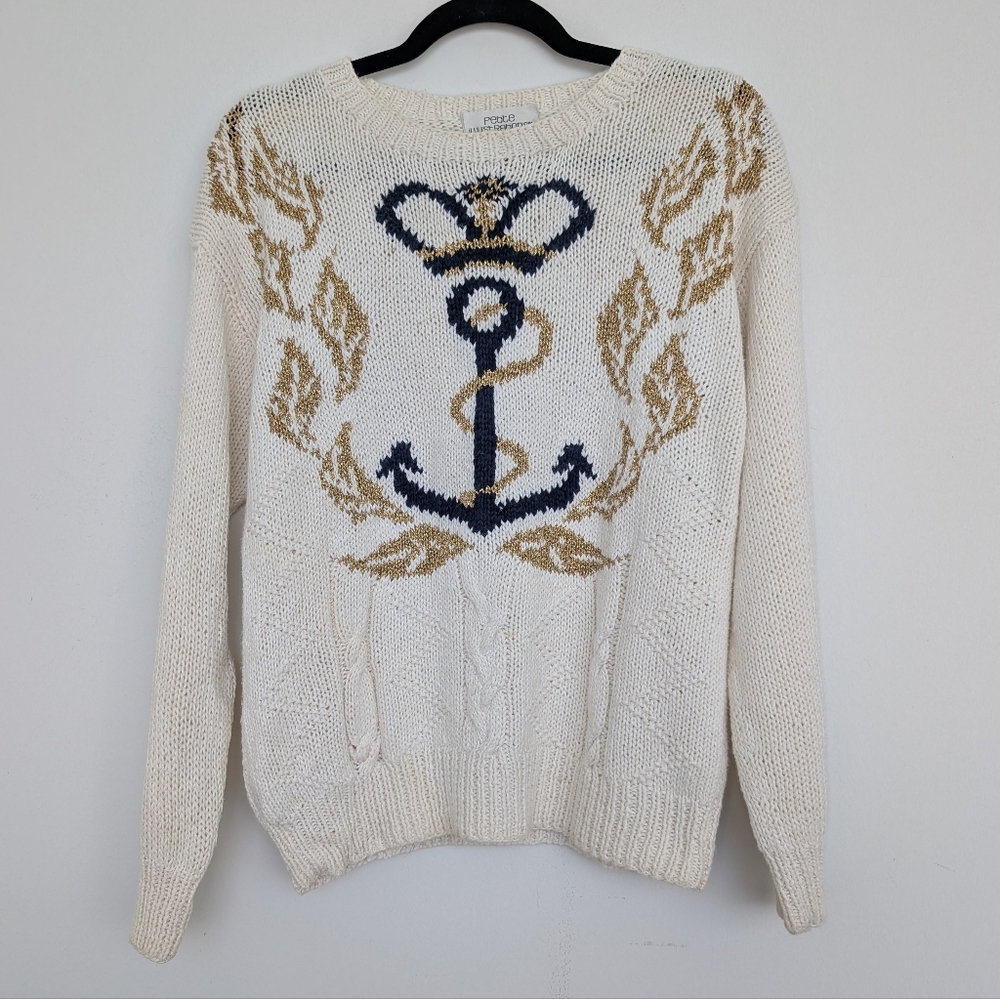Vintage Nautical Fisherman Cable Knit Cream Sweater with Anchor Design Sz ~S